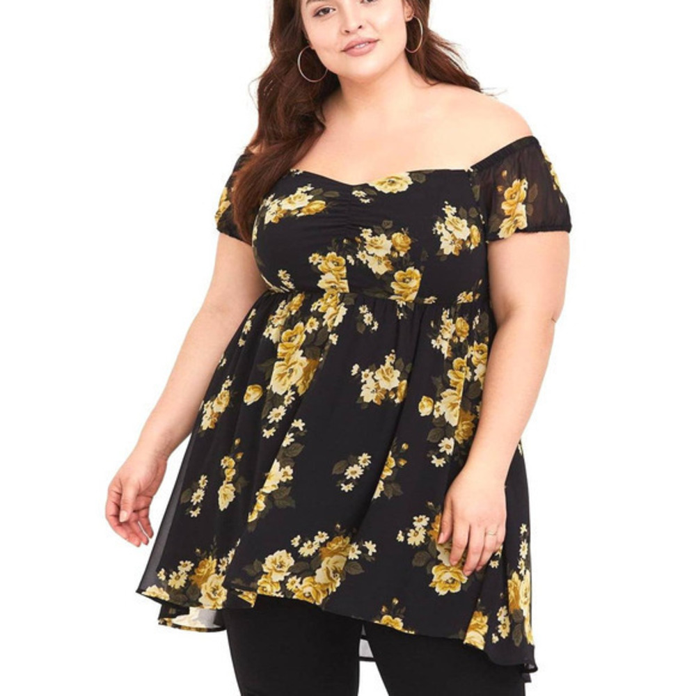 Torrid 3 (3X 22/24) Black Yellow‎ Roses Off Shoulder Chiffon Babydoll Tunic Top